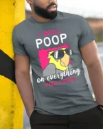 Funny Parrot T-Shirt I Will Poop on Everything You Love Tee - model in grey shirt leaning against column