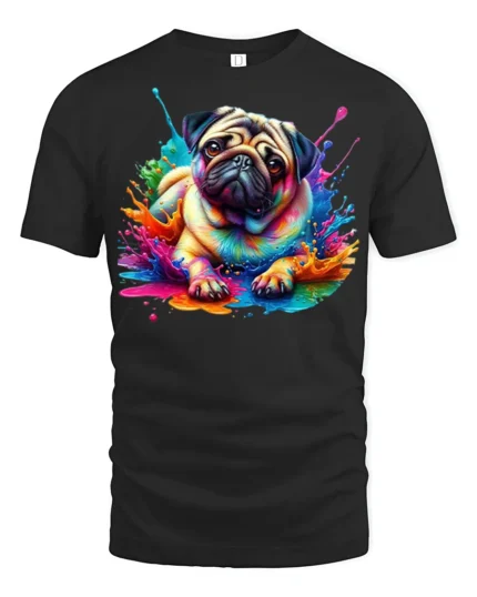 Color Splash Pug T-Shirt Cute Dog Graphic Tee for Pet Lovers - black t-shirt on white background