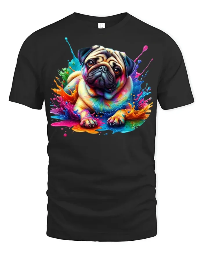 Color Splash Pug T-Shirt Cute Dog Graphic Tee for Pet Lovers - black t-shirt on white background