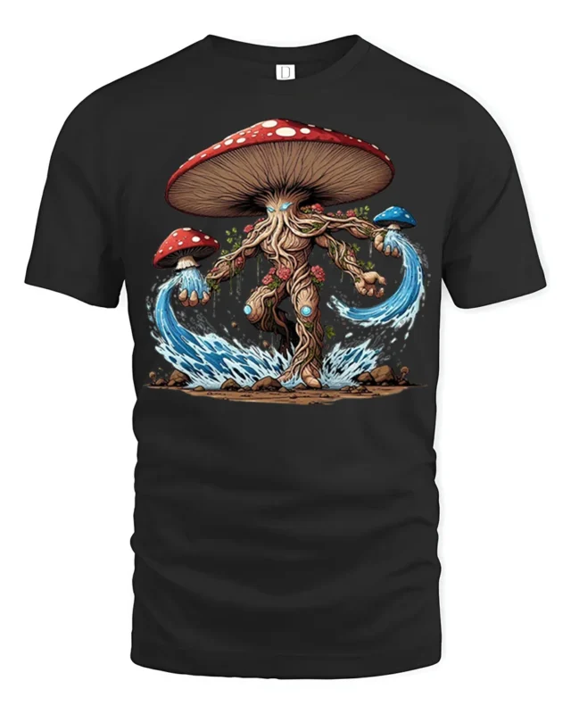 Mystic Mushroom Elemental T-Shirt Fantasy Nature Tee - black t-shirt on white background