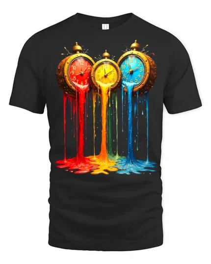 Melting Clocks T-Shirt Colorful Surreal Art Tee - black t-shirt on white background