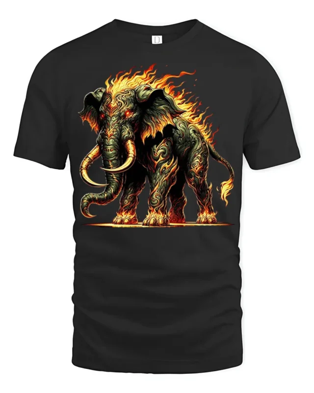Fiery Mammoth T-Shirt Tribal Flame Elephant Graphic Tee - black t-shirt on white background
