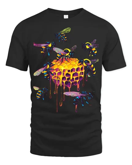 Neon Honeycomb Bee T-Shirt Vibrant Dripping Hive Tee - black t-shirt on white background