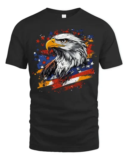 Patriotic Eagle T-Shirt with USA Flag Splash Graphic - black t-shirt on white background