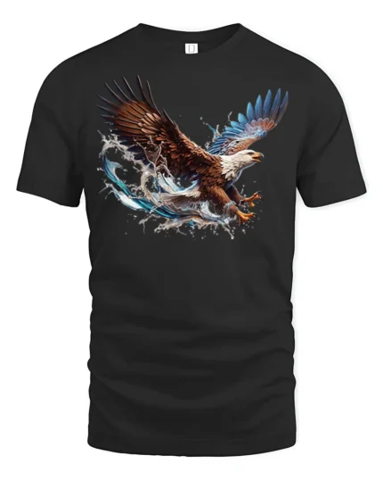 Flying Bald Eagle T-Shirt Majestic Water Splash Graphic - black t-shirt on white background