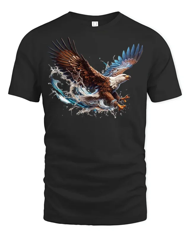 Flying Bald Eagle T-Shirt Majestic Water Splash Graphic - black t-shirt on white background