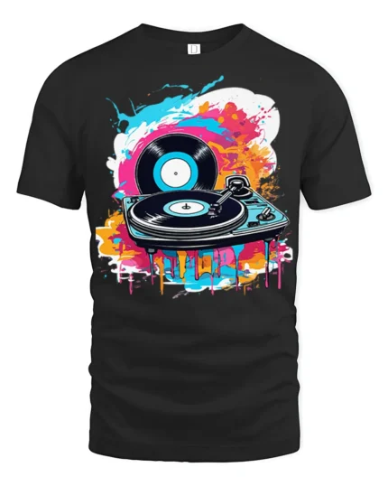 Vinyl Record Turntable T-Shirt Color Splash DJ Design - black t-shirt on white background