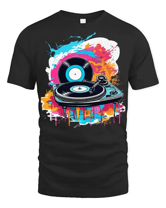 Vinyl Record Turntable T-Shirt Color Splash DJ Design - black t-shirt on white background