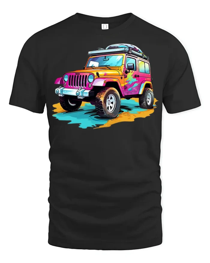 Colorful Off-Road Jeep T-Shirt Adventure Graphic Tee - black t-shirt on white background