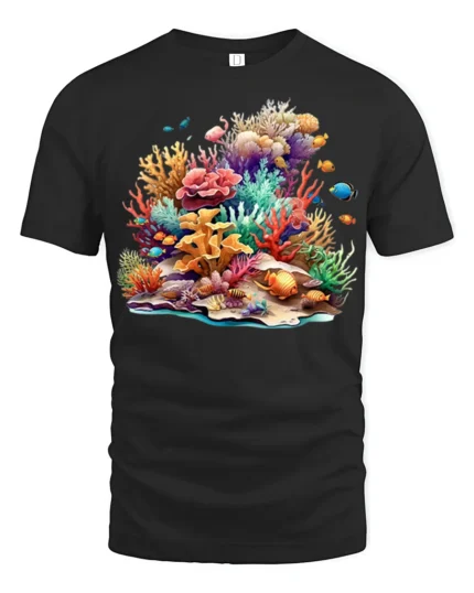 Colorful Coral Reef T-Shirt Ocean Life Graphic Tee - black t-shirt on white background