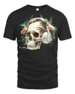 Floral Skull with Headphones T-Shirt Gothic Music Tee - black t-shirt on white background