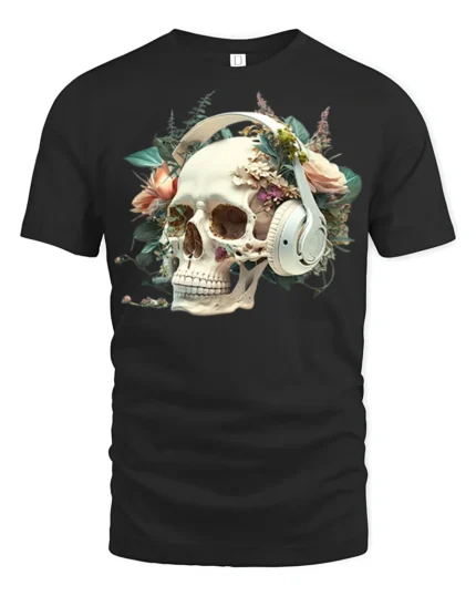 Floral Skull with Headphones T-Shirt Gothic Music Tee - black t-shirt on white background