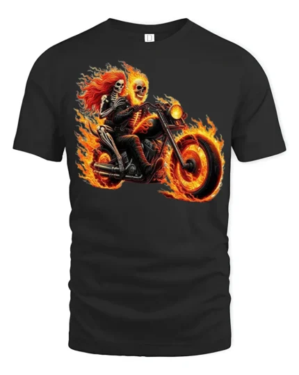 Flaming Skeleton Motorcycle T-Shirt Biker Rider Tee - black t-shirt on white background