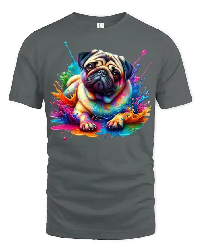 Color Splash Pug T-Shirt Cute Dog Graphic Tee for Pet Lovers - gray t-shirt on white background