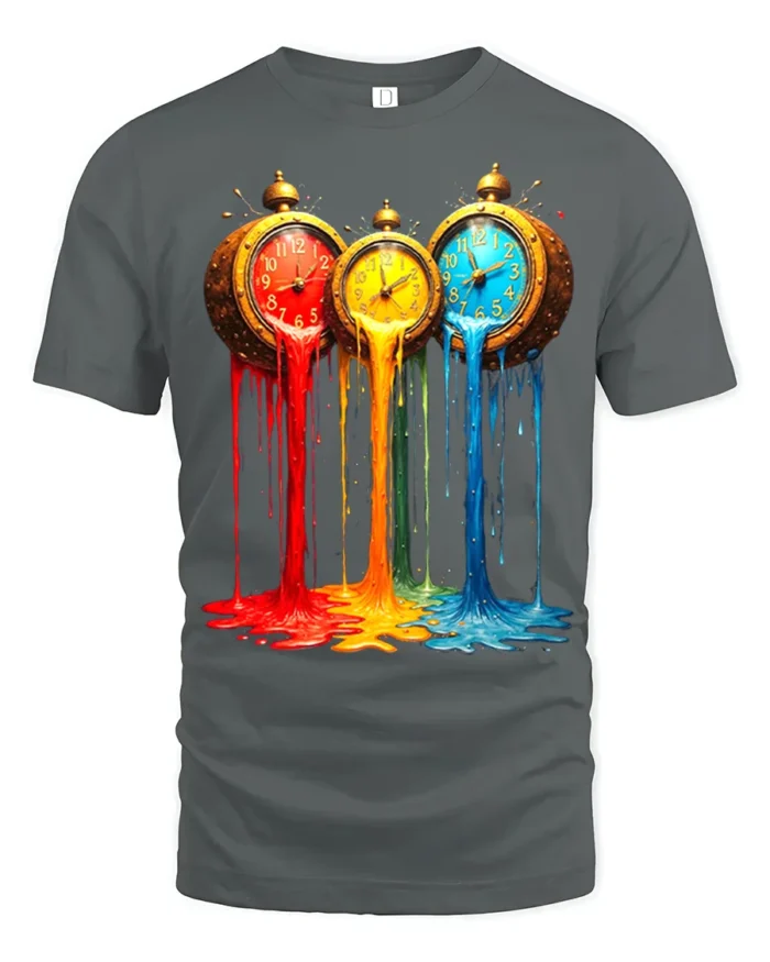 Melting Clocks T-Shirt Colorful Surreal Art Tee - gray t-shirt on white background