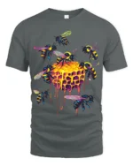 Neon Honeycomb Bee T-Shirt Vibrant Dripping Hive Tee - gray t-shirt on white background