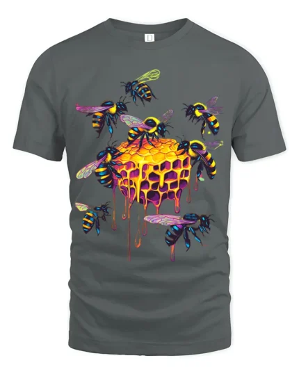 Neon Honeycomb Bee T-Shirt Vibrant Dripping Hive Tee - gray t-shirt on white background