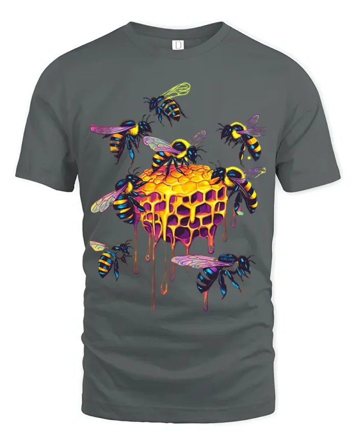 Neon Honeycomb Bee T-Shirt Vibrant Dripping Hive Tee - gray t-shirt on white background