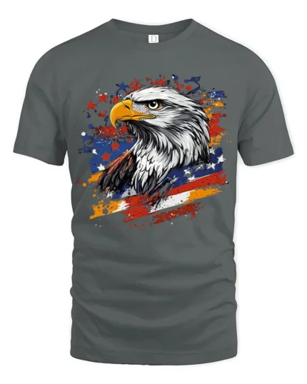 Patriotic Eagle T-Shirt with USA Flag Splash Graphic - gray t-shirt on white background