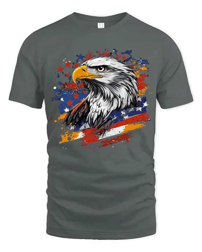 Patriotic Eagle T-Shirt with USA Flag Splash Graphic - gray t-shirt on white background