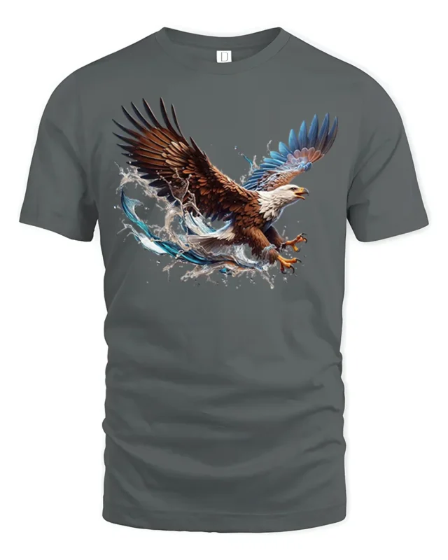 Flying Bald Eagle T-Shirt Majestic Water Splash Graphic - gray t-shirt on white background