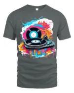 Vinyl Record Turntable T-Shirt Color Splash DJ Design - gray t-shirt on white background