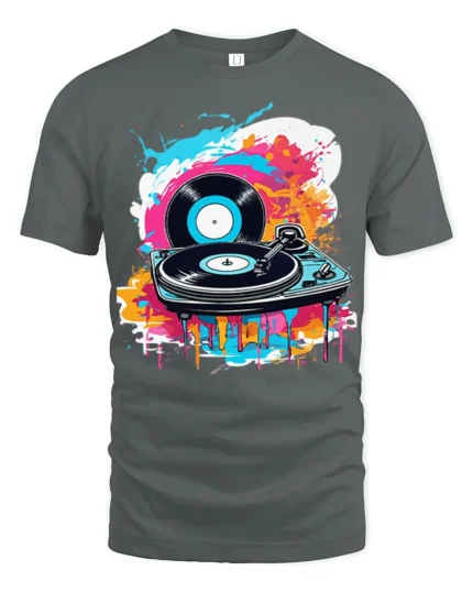 Vinyl Record Turntable T-Shirt Color Splash DJ Design - gray t-shirt on white background