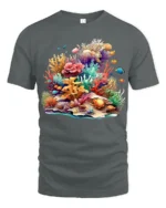 Colorful Coral Reef T-Shirt Ocean Life Graphic Tee - gray t-shirt on white background