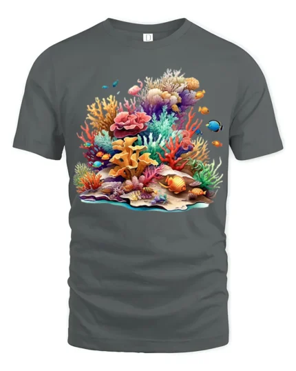 Colorful Coral Reef T-Shirt Ocean Life Graphic Tee - gray t-shirt on white background