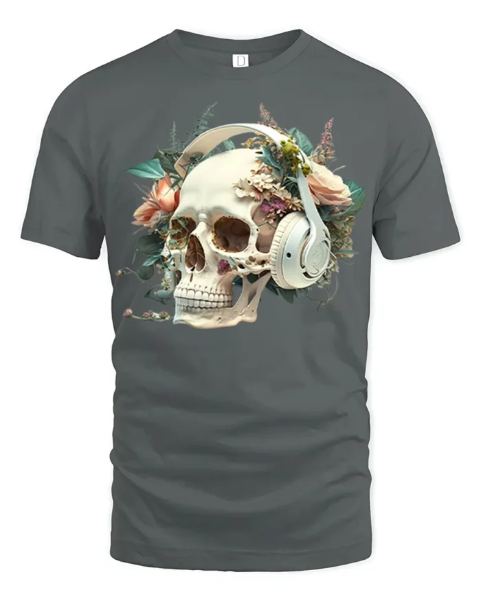 Floral Skull with Headphones T-Shirt Gothic Music Tee - gray t-shirt on white background