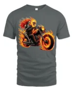 Flaming Skeleton Motorcycle T-Shirt Biker Rider Tee - gray t-shirt on white background