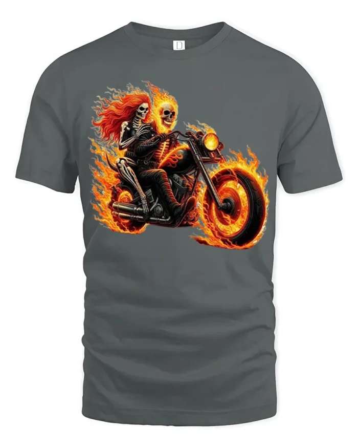 Flaming Skeleton Motorcycle T-Shirt Biker Rider Tee - gray t-shirt on white background