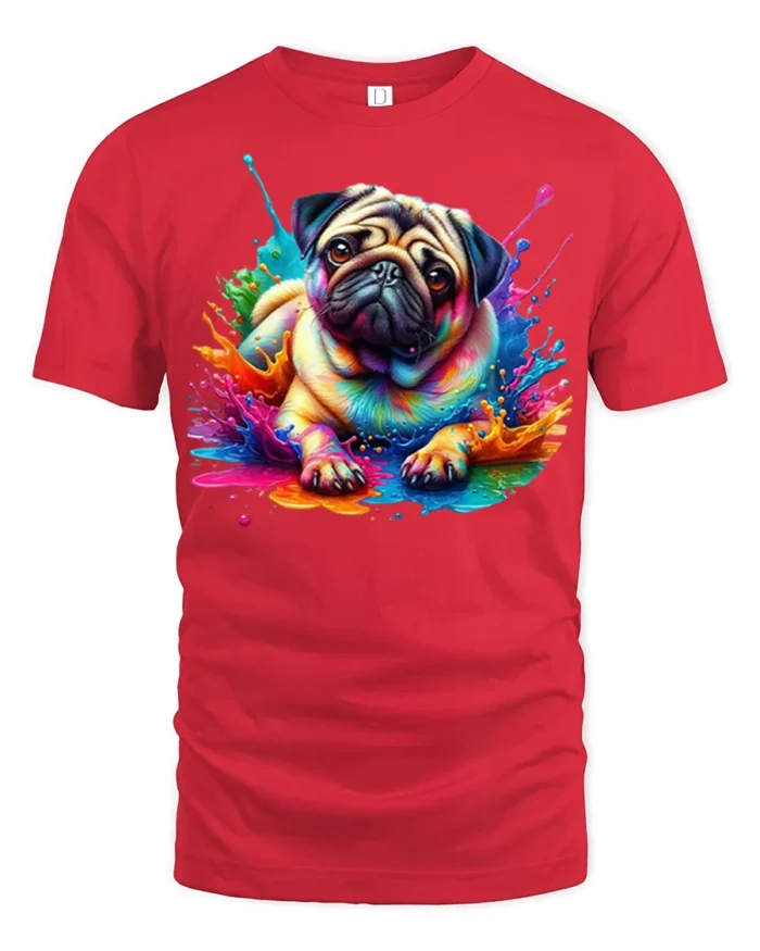 Color Splash Pug T-Shirt Cute Dog Graphic Tee for Pet Lovers - red t-shirt on white background