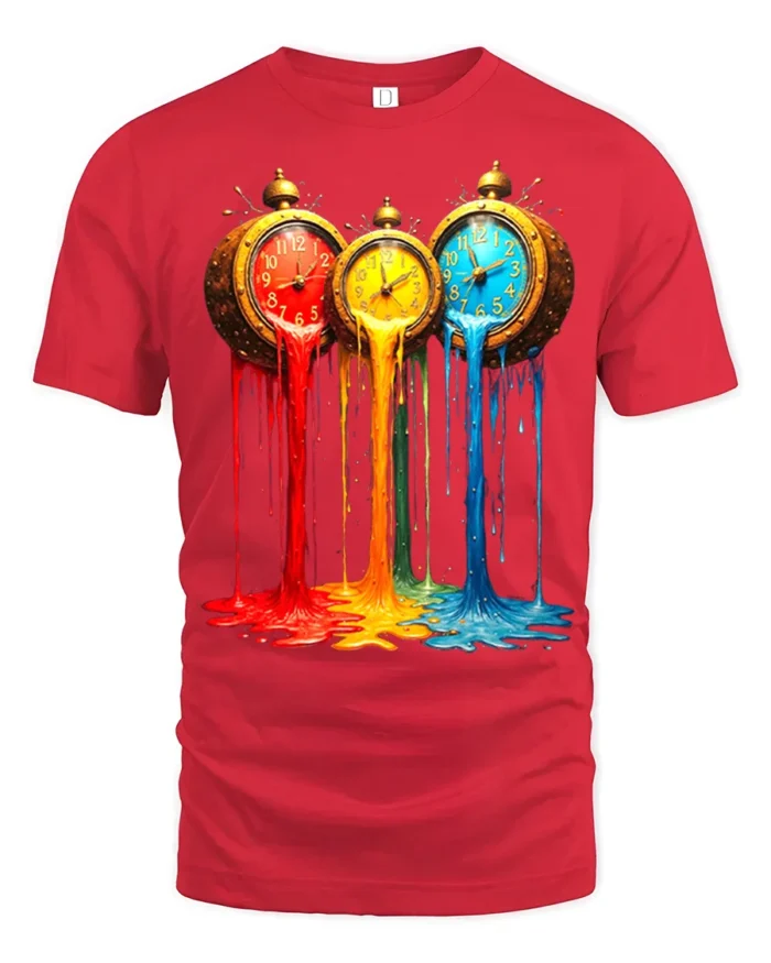 Melting Clocks T-Shirt Colorful Surreal Art Tee - red t-shirt on white background