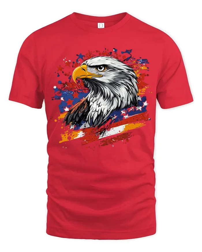 Patriotic Eagle T-Shirt with USA Flag Splash Graphic - red t-shirt on white background