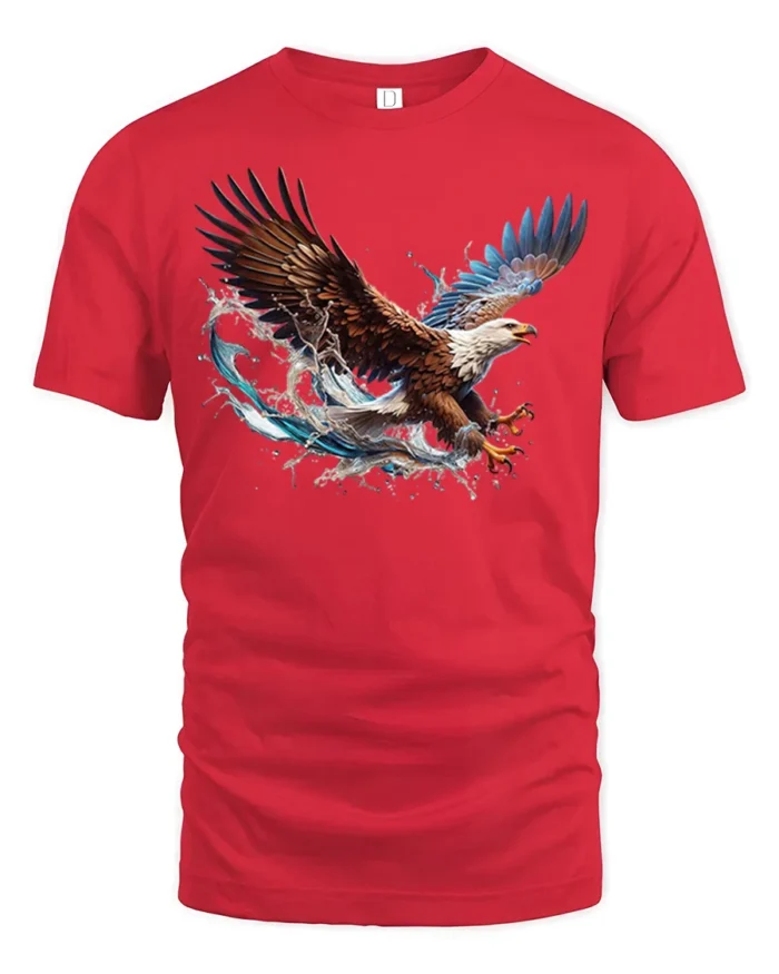 Flying Bald Eagle T-Shirt Majestic Water Splash Graphic - red t-shirt on white background