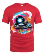 Vinyl Record Turntable T-Shirt Color Splash DJ Design - red t-shirt on white background