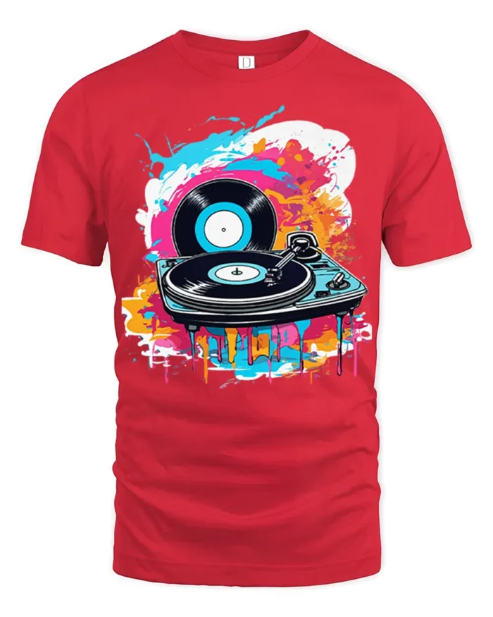 Vinyl Record Turntable T-Shirt Color Splash DJ Design - red t-shirt on white background
