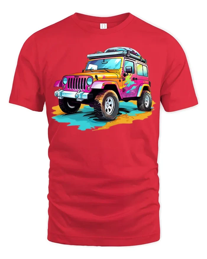 Colorful Off-Road Jeep T-Shirt Adventure Graphic Tee - red t-shirt on white background