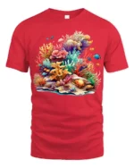 Colorful Coral Reef T-Shirt Ocean Life Graphic Tee - red t-shirt on white background