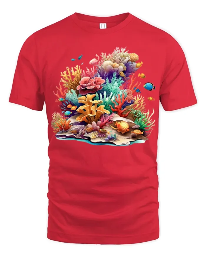 Colorful Coral Reef T-Shirt Ocean Life Graphic Tee - red t-shirt on white background