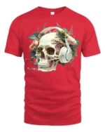 Floral Skull with Headphones T-Shirt Gothic Music Tee - red t-shirt on white background