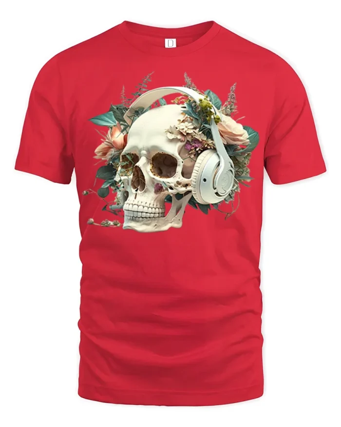 Floral Skull with Headphones T-Shirt Gothic Music Tee - red t-shirt on white background