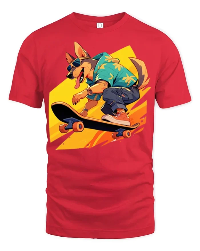 Cool Dog Skateboarding T-Shirt Funny Streetwear Tee - red t-shirt on white background