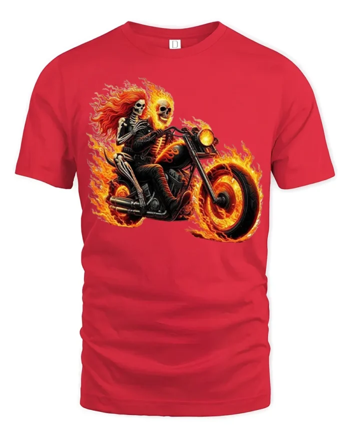 Flaming Skeleton Motorcycle T-Shirt Biker Rider Tee - red t-shirt on white background