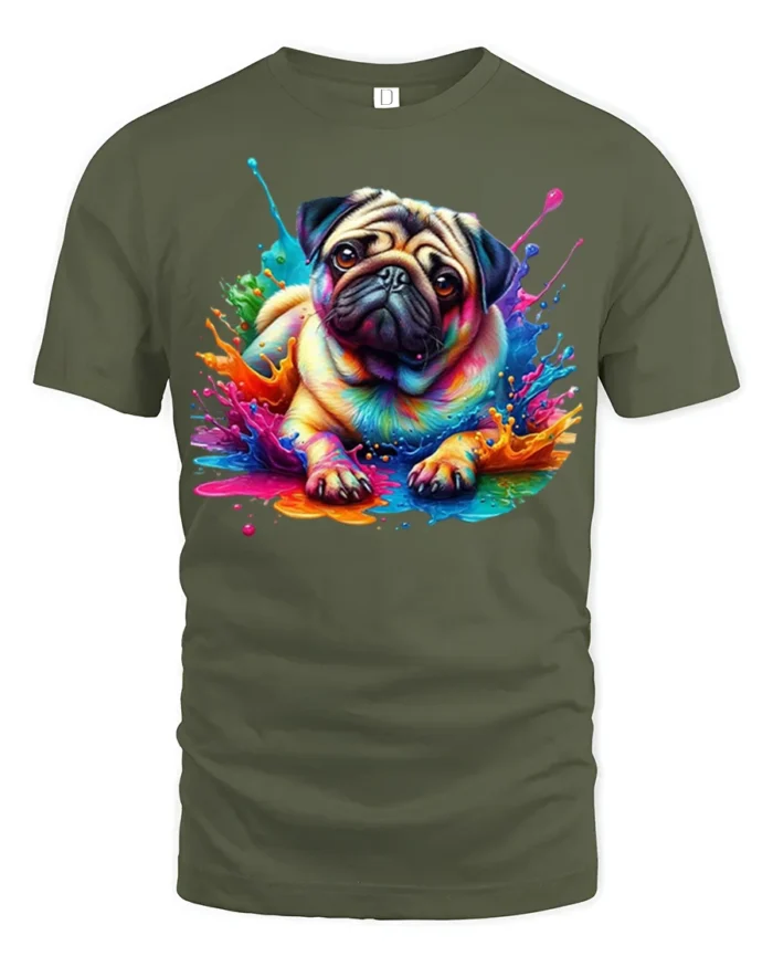 Color Splash Pug T-Shirt Cute Dog Graphic Tee for Pet Lovers - military green t-shirt on white background