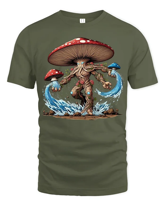 Mystic Mushroom Elemental T-Shirt Fantasy Nature Tee - military green t-shirt on white background