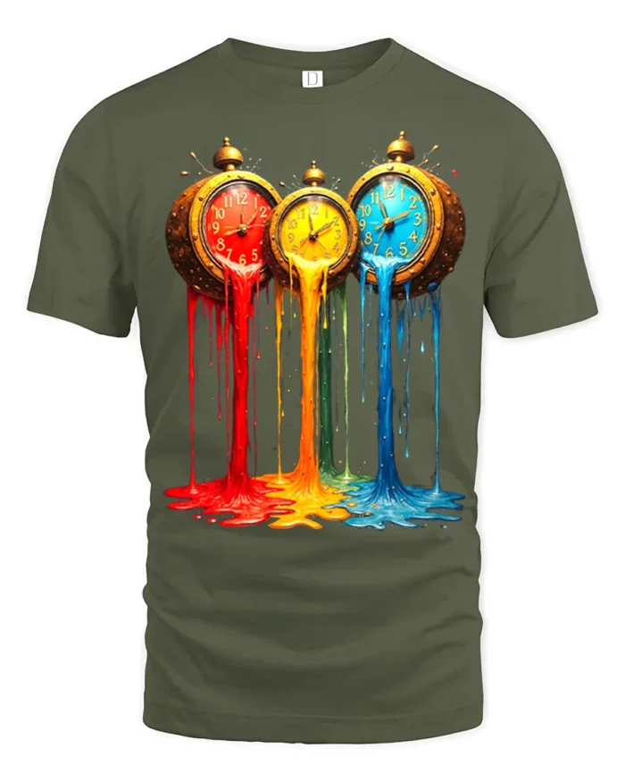 Melting Clocks T-Shirt Colorful Surreal Art Tee - military green t-shirt on white background