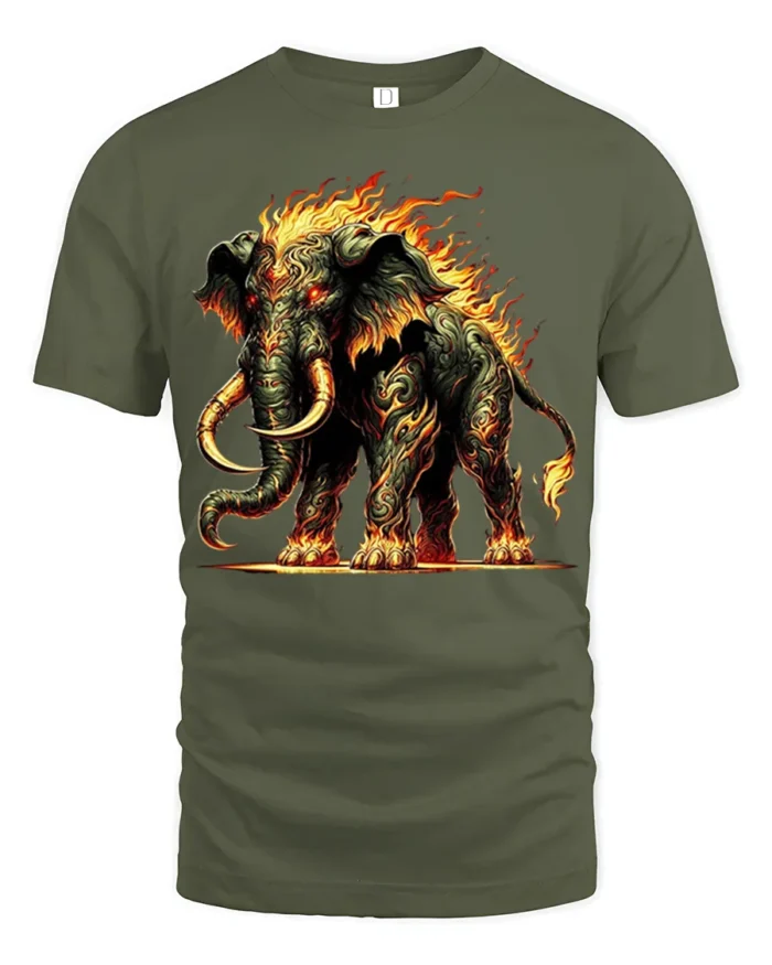Fiery Mammoth T-Shirt Tribal Flame Elephant Graphic Tee - military green t-shirt on white background