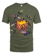 Neon Honeycomb Bee T-Shirt Vibrant Dripping Hive Tee - military green t-shirt on white background